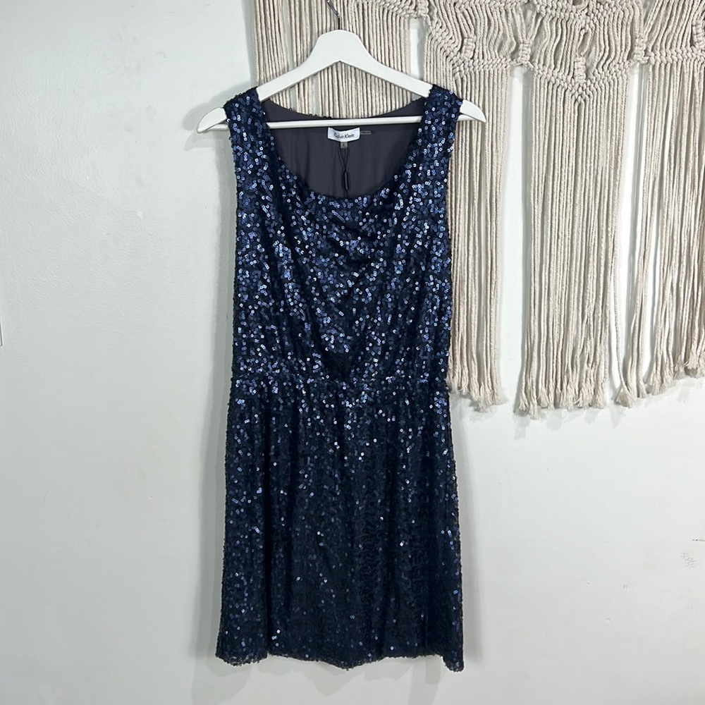 Womens Calvin Klein MIDI Sequins Dress Size Small Navy Metallic Sleeveless